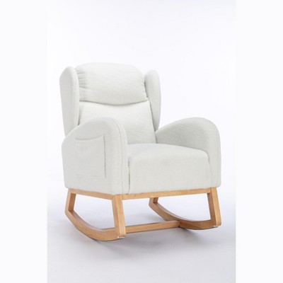 Vynxaria Ivory Teddy Fabric Rocking Accent Chair with Wooden Legs, Indoor Rocker