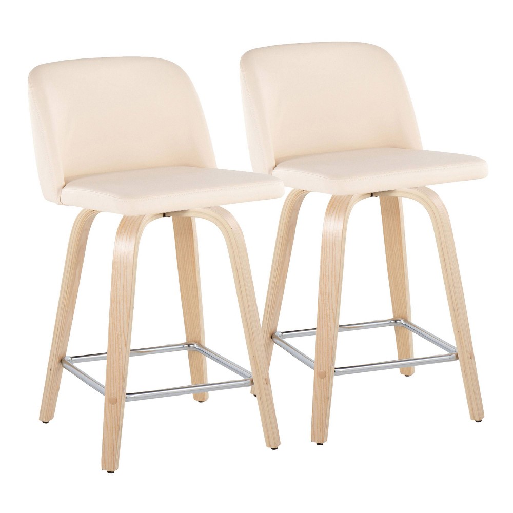 Set of 2 Toriano PU Leather Counter Height Barstools Natural/Cream/Chrome - LumiSource: Fixed Height, Wooden Base & Metal Footrest