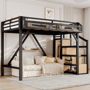 JANSNO Metal Loft Bed with Storage Stairs, Shelves & Built-in Wardrobe, USB Ports, Lights, Noise-Reduced Design - 1 of 4