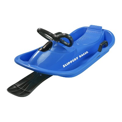 Slippery Racer Downhill Derby Flexible Kids Toddler Plastic Toboggan Steerable Plastic Snow Sled with Built-In Brakes and Steering Wheel, Blue