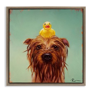 Stupell Industries Wet Dog with a Rubber Ducky Black Framed Floater Canvas Wall Art - 1 of 4