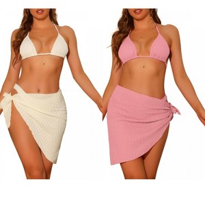Elerevyo Women's Halter Bikini Sets, Hollow Out Mesh Swimsuits with Sarong Cover Ups Beach Skirt Bathing Suit 3 Pcs 2 Sets - 1 of 4