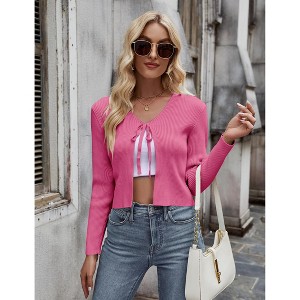 Womens Tie Front Cardigan Long Sleeve Rib Knit Shrug for Dress Sweaters Open Front Crop Tops - 1 of 4