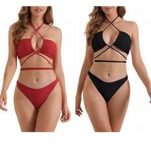 INSPIRE CHIC Women's Halter Double Lace Up Tie Back Triangle Bottoms Swimwear Bathing Bikini Suits 2 Sets - 1 of 4