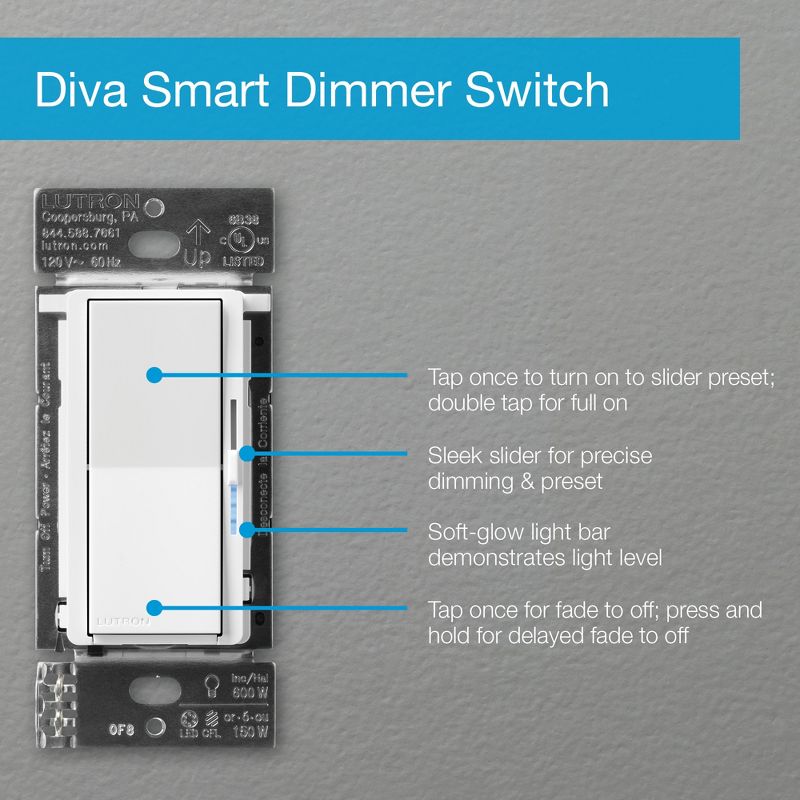 Lutron Diva Smart Dimmer Switch Starter Kit for Caséta Smart Lighting, with Smart Hub, Pico Remote, and Pedestal | DVRF-BDG-1DP-A, 6 of 11