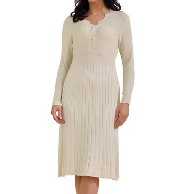 INSPIRE CHIC Women's Ribbed Knit Long Sleeve V Neck Lightweight Sweater Elegant Pleated Dress