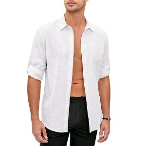 Mens Button Down Linen Shirts Casual Long Sleeve Dress Shirts Regular Fit Cotton - 1 of 4