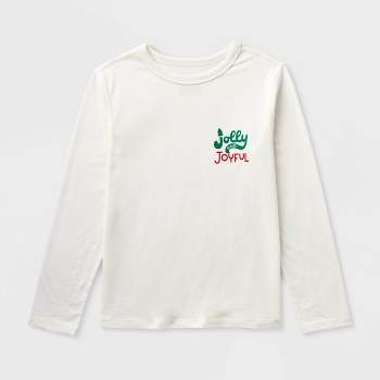 Kids' Adaptive Long Sleeve 'Jolly and Joyful' Holiday Graphic T-Shirt - Cat & Jack™ Cream