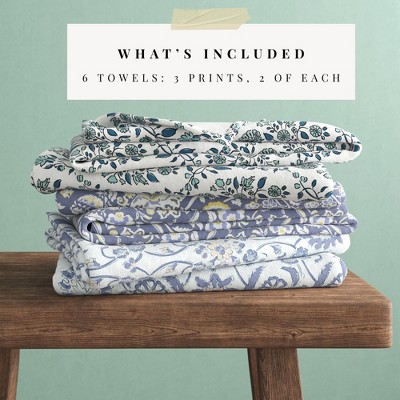 Charming Blue Floral Cotton Kitchen Towels Set of 6