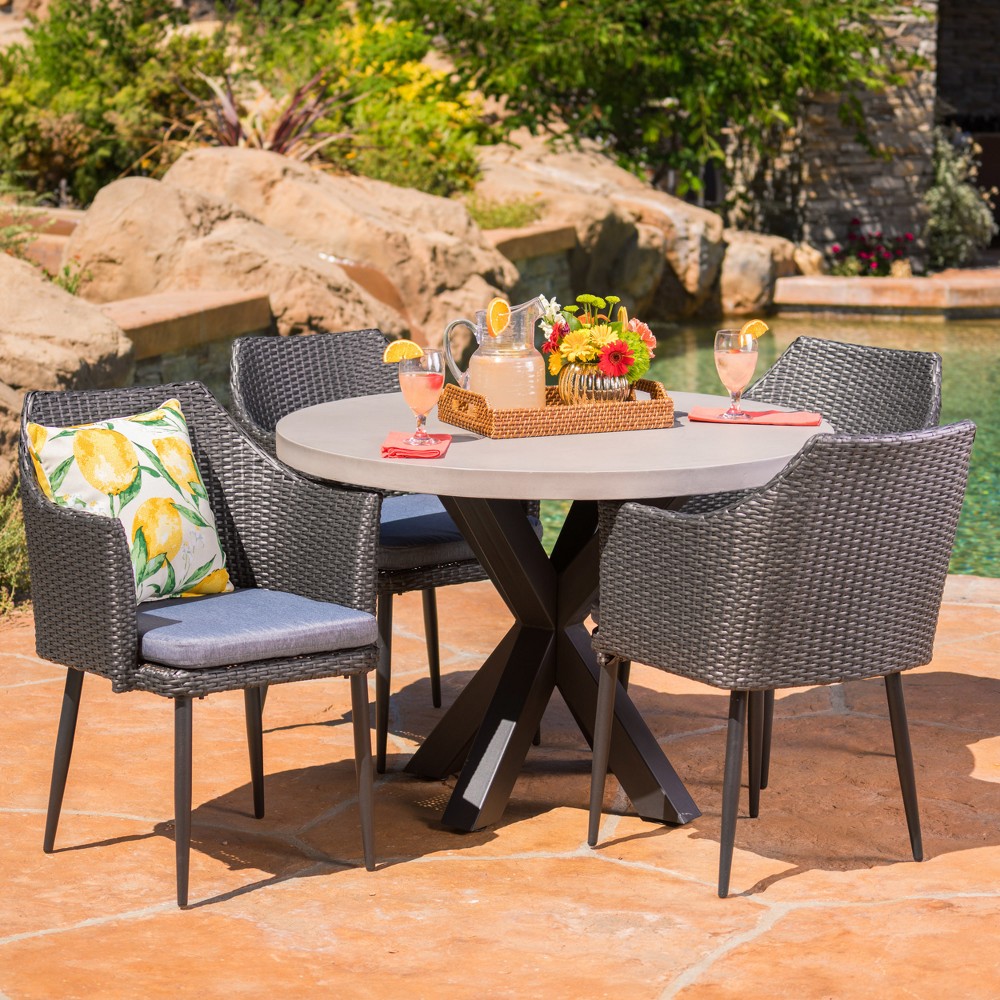 Photos - Garden Furniture Nyla 5pc Wicker and Concrete Dining Set: Weather-Resistant, Circular Table