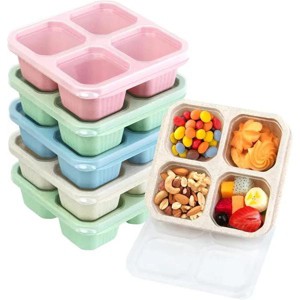 6 Pack Snack Boxes, 4 Compartment Lunch Boxes, Reusable Bento Boxes for Adults, Wheat Straw, Divided Food Containers with Lids - 1 of 4
