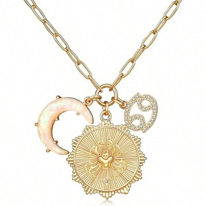 Gold Zodiac Coin Necklace with Opal Moon Charm, Dainty Paperclip Chain 12 Constellation Astrology for Women - 1 of 4