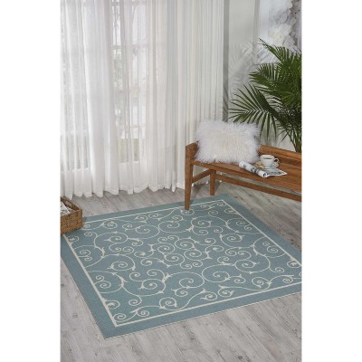 Luxe Light Blue Floral Square Synthetic Easy-Care Outdoor Rug 7'9" x 10'10"