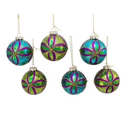 Kurt Adler 80mm Green, Blue, Gold And Purple Glass Ball Ornaments, 6 ...