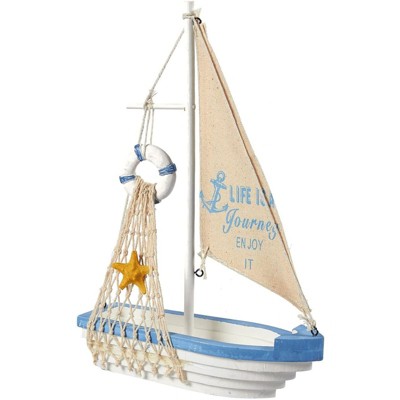 Juvale Wooden Sailing Boat Home Decor, Beach Nautical Design Sailboat with Lifebuoy, 12.5 x 8.25 x 3 In