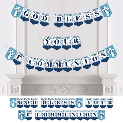 Big Dot of Happiness First Communion Blue Elegant Cross - Boy Religious Party Bunting Banner - Party Decorations - God Bless Your 1st Communion