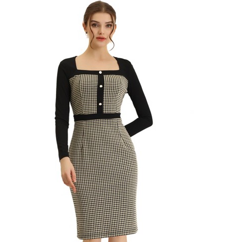 Allegra K Women's Vintage Houndstooth Square Neck Contrast Long Sleeve Midi Bodycon Dress - image 1 of 4