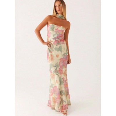 Mocamel Women Summer Slim Fit Floral Off Shoulder Long Tube Dress With Scarf For Cocktail Parties