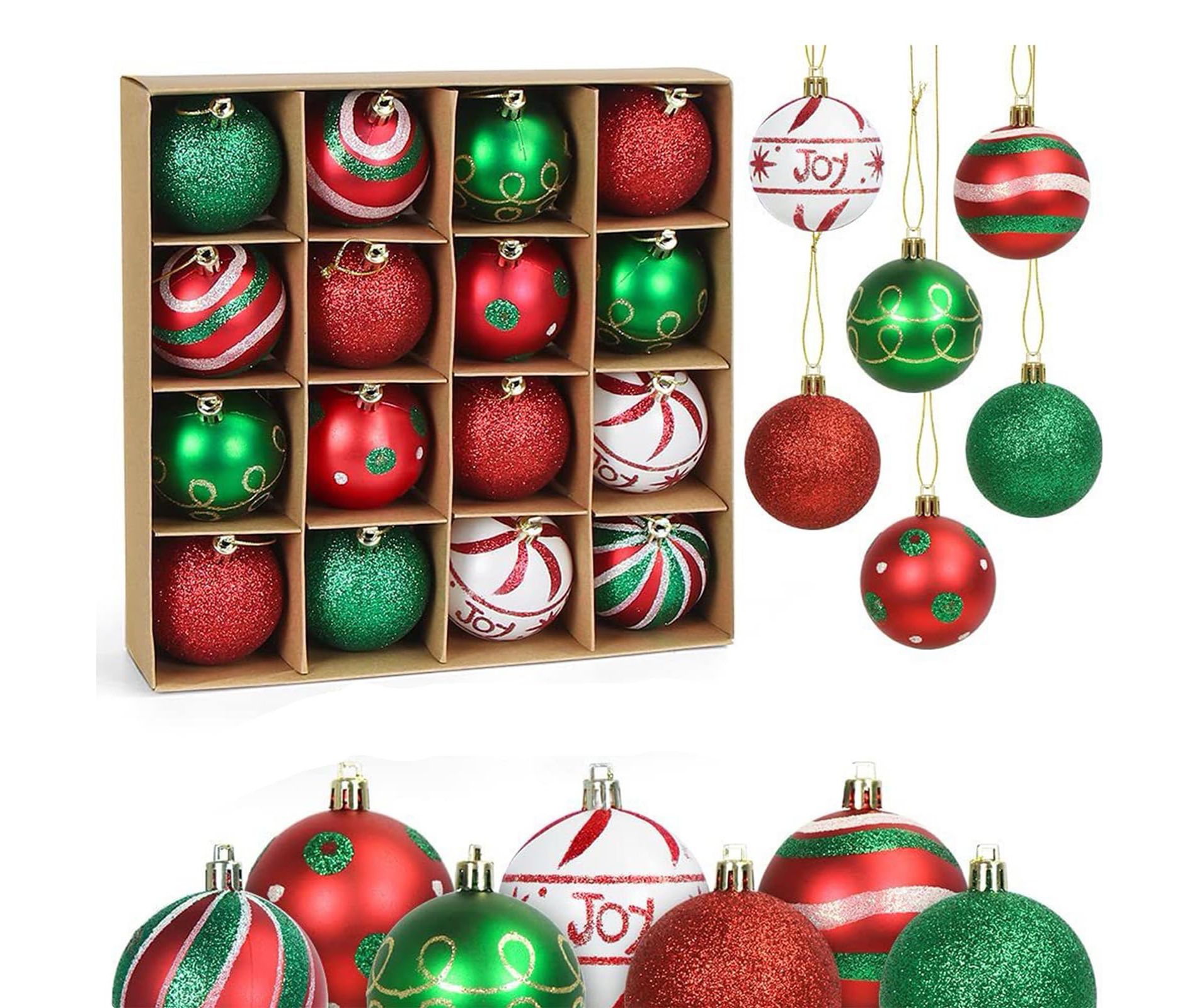 16PCS 2.36in Shatterproof Christmas Ball Ornaments, Red & Green Baubles Set for Tree, Holiday Decorations