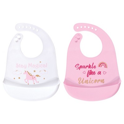 Luvable Friends Baby Girl Silicone Bibs 2pk, Sparkle Like A Unicorn, One Size