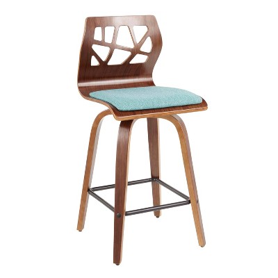 Folia Teal Upholstered Swivel Counter Height Barstools with Walnut Frame, Set of 2