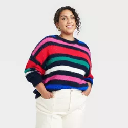 Women's Plus Size Crewneck Fuzzy Pullover Sweater - A New Day™ Striped 4X
