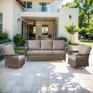 POCASSY 3 Pieces Patio Furniture Set, Patio Couch Set with Swivel Rocking Gliding Chairs with All Weather Brown Wicker and Olefin Cushion Cover - 1 of 4