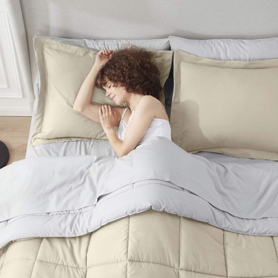 Full Beige and Gray Reversible Microfiber Bed in a Bag Set