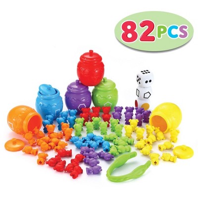 Joyfy 82Pcs Learning Toys for Kids Age 3+, Counting Bears Number Sorting, Color Recognition, Tweezers, Dice, Instruction Book, Educational Gift
