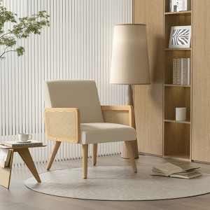 Kumasinova Boho Style Accent Chair with Rattan Armrest,High Resilient Sponge Filling,Modern Armchair for living Room and Bedroom,350lbs Capacity,Beige - 1 of 4