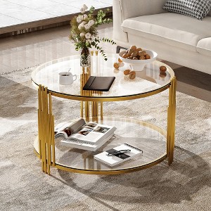 Glass Coffee Table Round Center Table Cocktail Table Accent Table Sofa Table with Gold Metal Drum Frame, Transparent/Black/Brown-ModernLuxe - 1 of 4