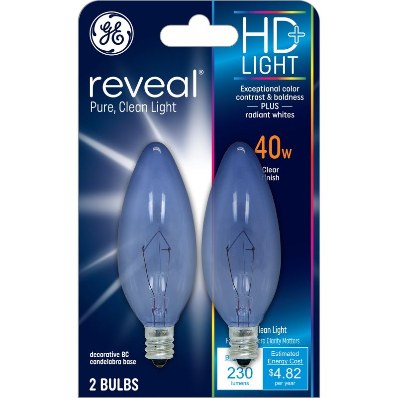 GE 2pk 40W Reveal HD+ Decorative Light Bulbs Candelabra Base, 1 of 6