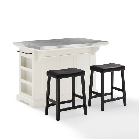 Julia Stainless Steel Top Kitchen Island with 2 Upholstered Saddle Counter Height Barstools White Crosley