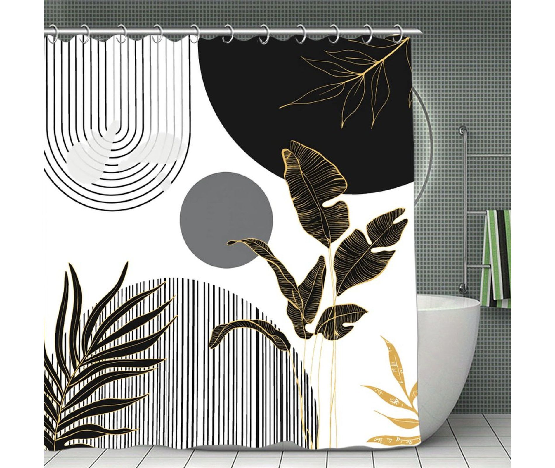 Mid Century Boho Shower Curtain, Abstract Modern Sun Aesthetic Shower Curtain, Bohemian Geometric Arch Curve Bathroom Curtains Black 70.8x70.8Inch