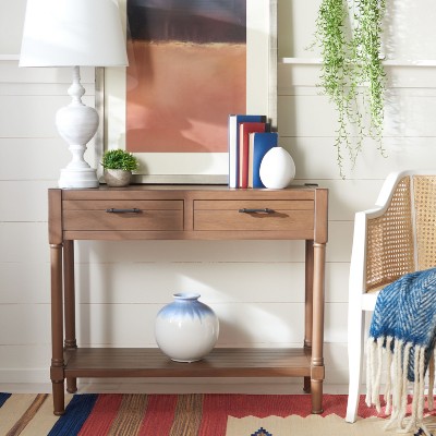 Filbert Brown Wood and Metal Console Table with Storage