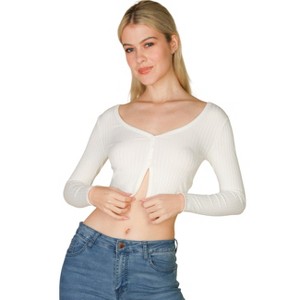 Slickblue Women's Ribbed Long Sleeve Button-Front Top, Cropped Fit, Casual Stretch Style, 10 Color Options, Size S-L - 1 of 4