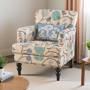 Fabric Floral Upholstery Club Chair with Rolled Arms and Tapered Birch Legs - 1 of 4