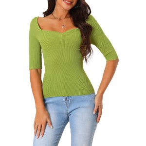 Seta T Women's Half Sleeve Square Neck Slim Fit Solid Ribbed Knit Sweaters - 1 of 4