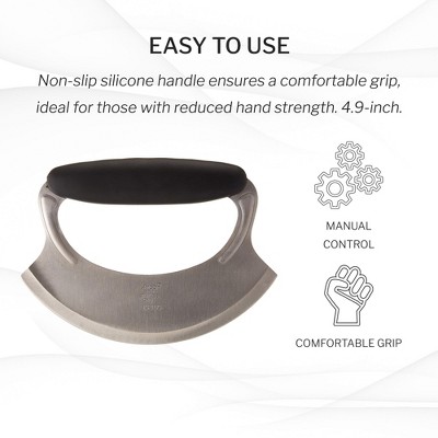 Amco Stainless Steel Handheld Mezzaluna with Non-Slip Silicone Handle, Silver Black, 1-Pack