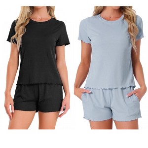 INSPIRE CHIC Women's 4 Pcs Ribbed Knit Soft Short-Sleeve Top & Shorts Ruffled Lounge Pajama Set with Pocket - 1 of 4
