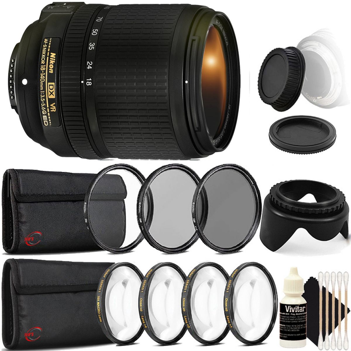 Nikon AF-S DX NIKKOR 18-140mm f/3.5-5.6G ED VR Lens + 67mm UV CPL ND Kit + Macro Kit + Tulip Hood
