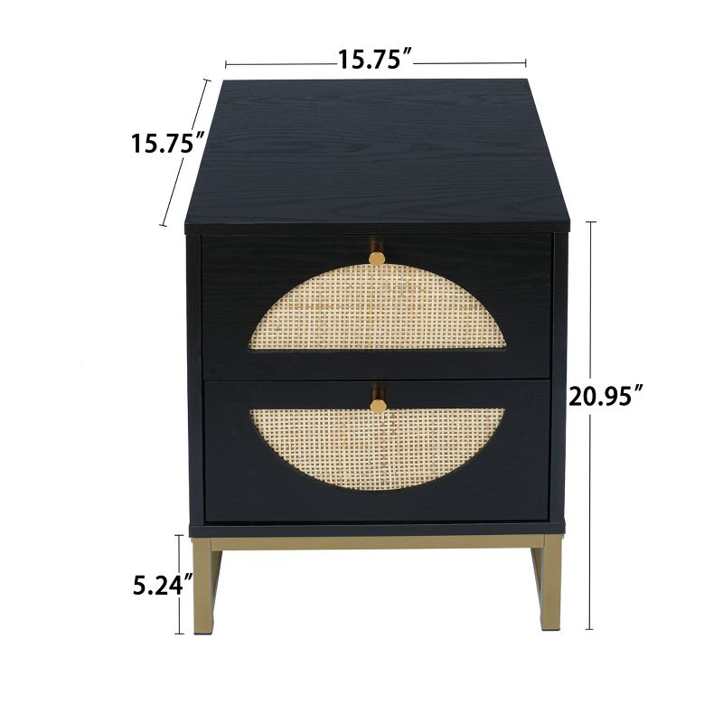 15.75" Rattan End table with 2 Drawers and Solid Metal Legs, Modern Nightstand, Side Table for Living Roon, Bedroom - ModernLuxe, 3 of 11