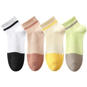 Anna-Kaci 4 Pairs Women's Seamless Cotton Ankle Socks Breathable Stretch Ribbed Cuff in Assorted Color Block Design - 1 of 4