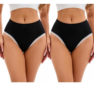 INSPIRE CHIC 2 Pcs Women's Lace Trim Panties Full Coverage Mid-Waisted Butt Lifter No Trace Briefs