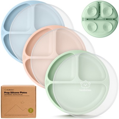 3-Pack Prep Suction Plates with Lids, 100% Silicone Baby Plates with Lid, BPA-Free Kids Divided Toddler Plates
