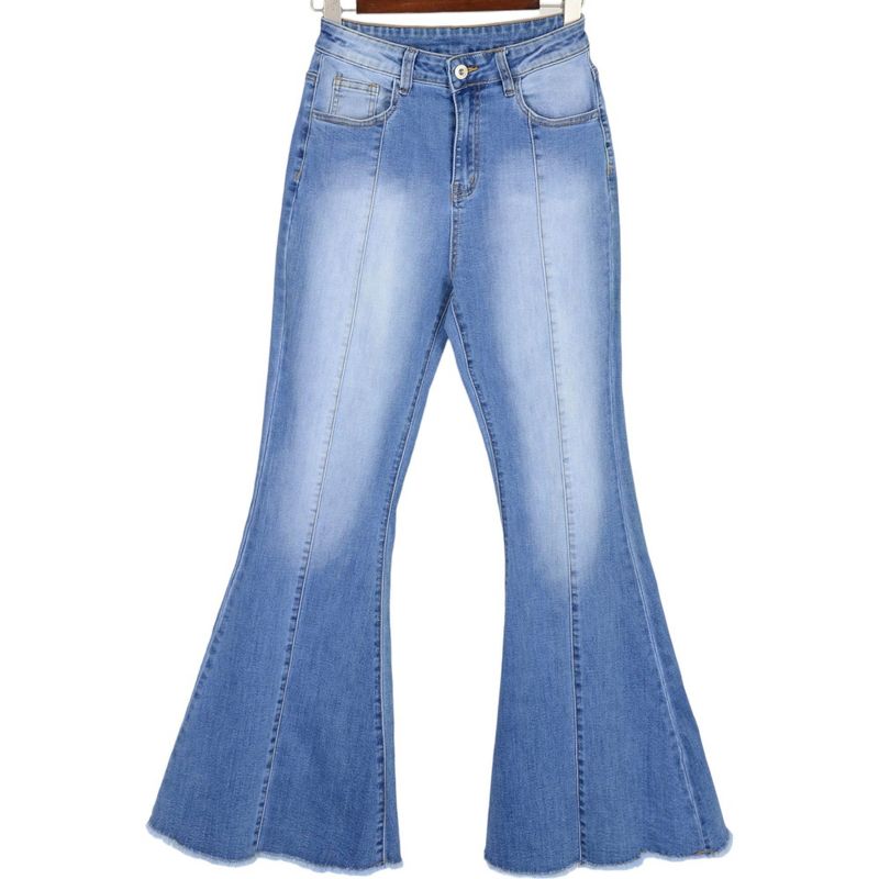 Anna-Kaci Women's Elastic Waist Distressed Flared Long Bell Bottom Denim Jeans, 3 of 5
