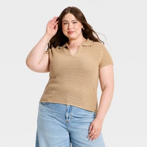 Women's Short Sleeve Polo Collar Pullover Sweater - Universal