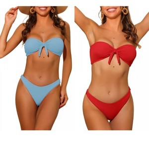 INSPIRE CHIC Women's Bandeau Ribbed Bowknot Strapless with Bottoms Swimwear Bikini 2 Set - 1 of 4