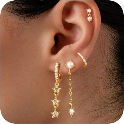 Pearl Dangle Hoop Earrings for Women - Dainty14K Gold Plated Small Drop Chain Hoops Trendy Earring Sets for