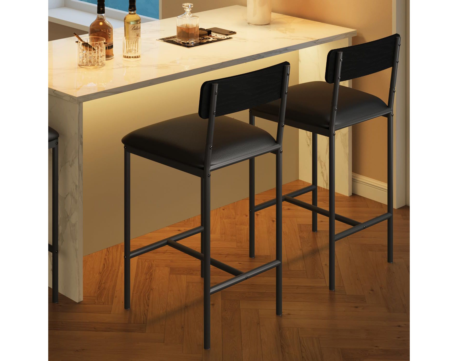 2-Pack Counter Bar Stools with Backrest & Footrest, Upholstered Kitchen Island Stools, Easy Assembly, Black